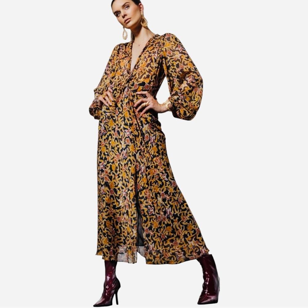 Zara Lined Sheer Long Balloon Sleeve Floral Ruched V-neck Maxi Boho Dress Sz S